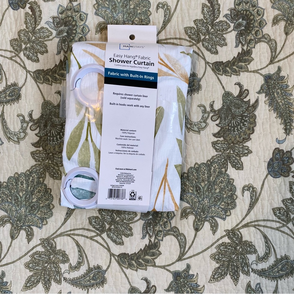 Mainstays White Shower Curtain with Green and Gold Leaf Pattern